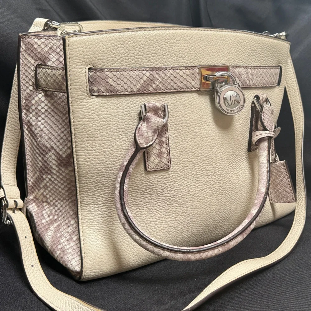Michael Kors Cream Leather Tote with Snake-Print Trim - Picture 6 of 7